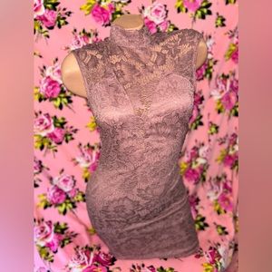 Mauve lace open back dress cocktail date night turtleneck sweetheart a